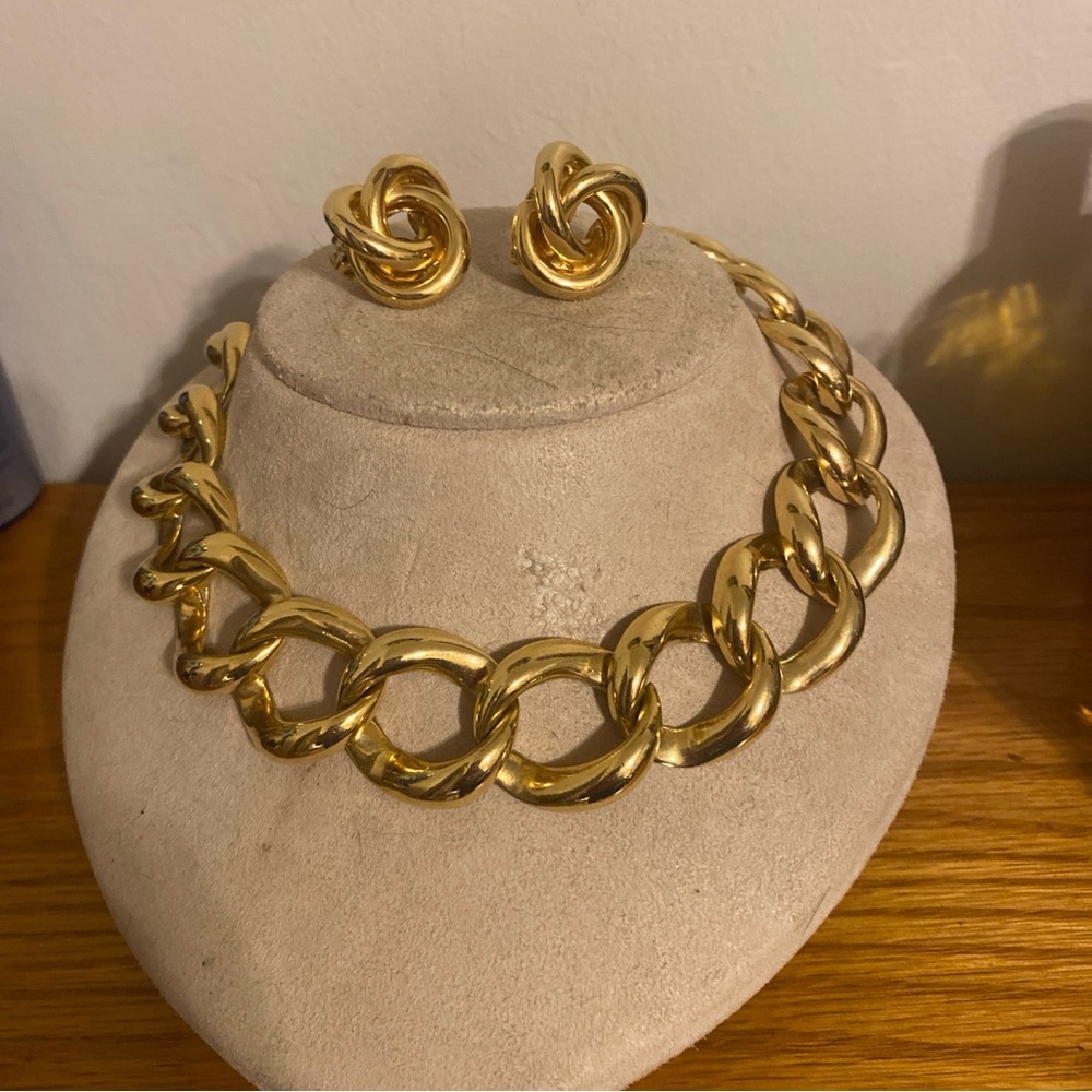 Vintage PEP Edwin Pearl Chunky Gold Tone Statement Necklace W Clip Earrings